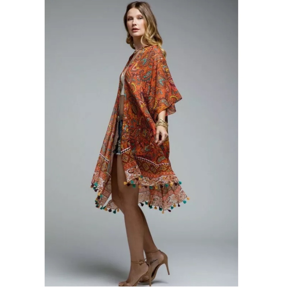 SOLD OUT Vintage Rust Jacobean Tassel Boho Kimono Wrap - Picture 4 of 6